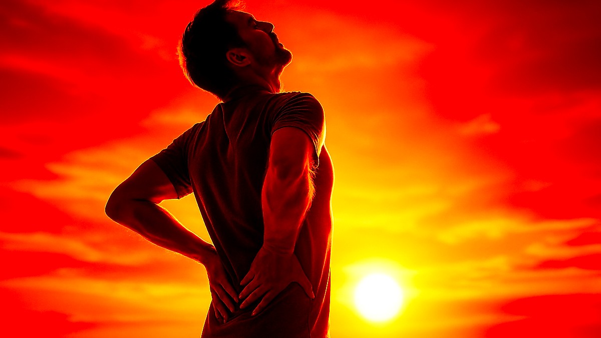 Ein Physiotherapeut zeigt, wie er nach langem Sitzen seinen Rücken entlastet